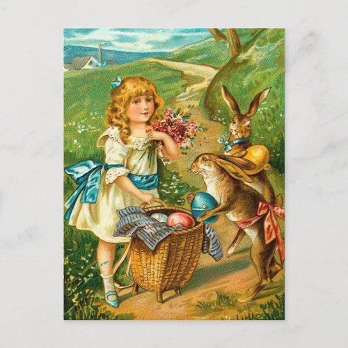 Girl  Bunnies Floral Vintage Easter Landscape Holiday Postcard