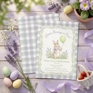Girl Bunny 1st Birthday, with Lavender Gingham  Invitation