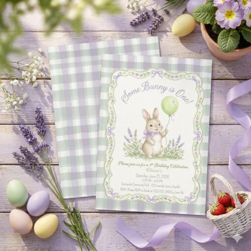 Girl Bunny 1st Birthday, with Lavender Gingham  Invitation