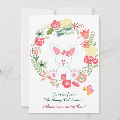 Girl Bunny and Wreath 1st Birthday Invitation