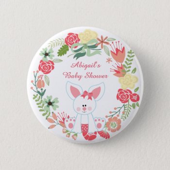 Girl Bunny And Wreath Baby Shower Button by TheCutieCollection at Zazzle