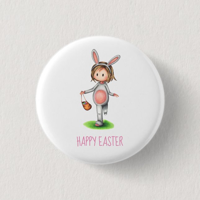 Girl Bunny Happy Easter Button (Front)