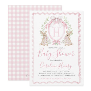 Girl Bunny Rabbit Baby Shower Preppy Gingham Pink Invitation