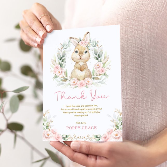 Girl Bunny Rabbit Floral Birthday Party Thank You Card (Creator Uploaded)