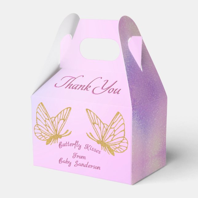 Girl Butterfly Pink Sparkly Whimsical Baby Shower Favor Boxes (Front Side)