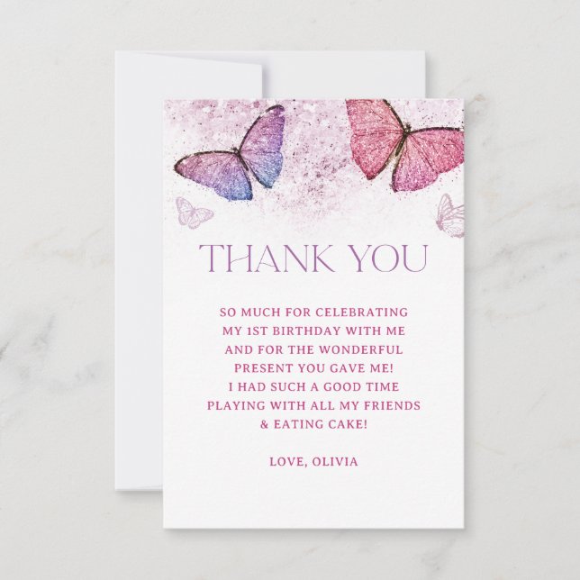 Girl Butterfly Theme 1st Birthday Party Thank You  (Front)
