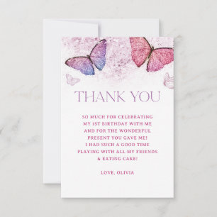 Girl Butterfly Theme 1st Birthday Party Thank You  Card