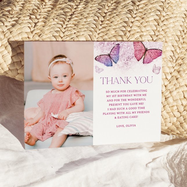 Girl Butterfly Theme 1st Birthday Party Thank You Card (Creator Uploaded)