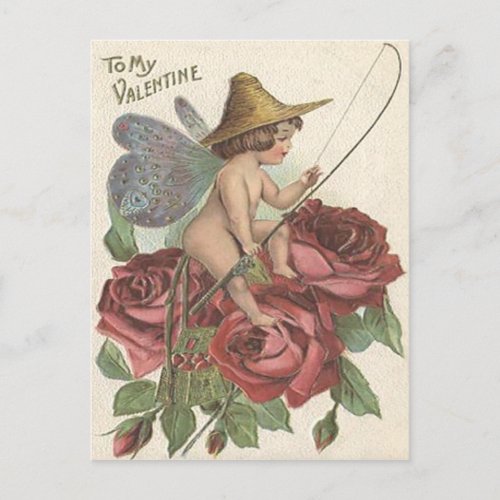 Girl Butterfly Wings Fishing Reel Rose Postcard