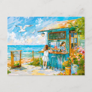 Girl buying sandwitch at beach sncks holiday postcard