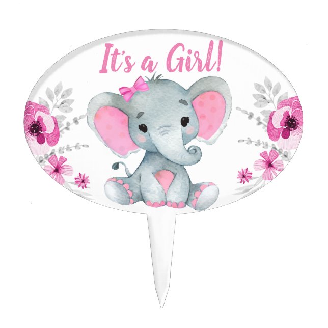 Girl Cake Elephant Topper Pink Rustic Floral (Front)