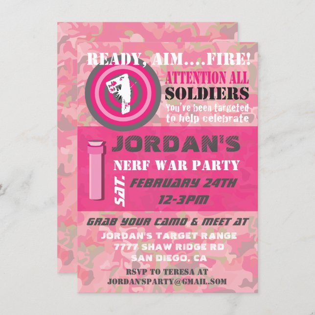 Girl Camo War Birthday Party Invitations (Front/Back)