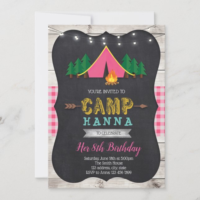 Girl camp birthday invitation (Front)