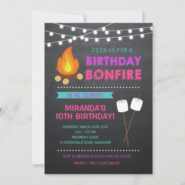 Girl Camp Bonfire Birthday Invitation (Front)