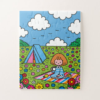 Girl Camping in Wide Wildflower Field Jigsaw Puzzle