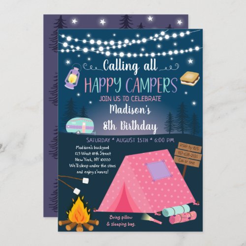 Girl Camping Smores Sleepover Birthday Invitation