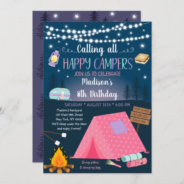 Girl Camping S'mores Sleepover Birthday Invitation (Front/Back)