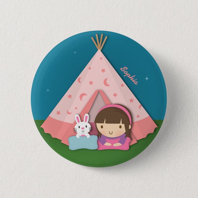 Girl Camping Teepee Tent Bunny Pinback Button (Front)