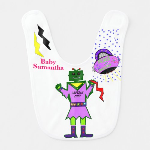 Girl Captain Zoey Robot Petals Pink Spaceship Baby Bib