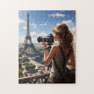 Girl capturing image of Eiffel Tower Paris Jigsaw Puzzle