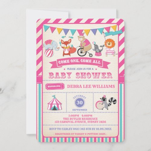 Girl Carnival Circus Animals Baby Shower Invite