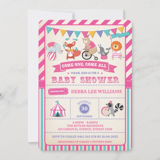 Girl Carnival Circus Animals Baby Shower Invite (Front)