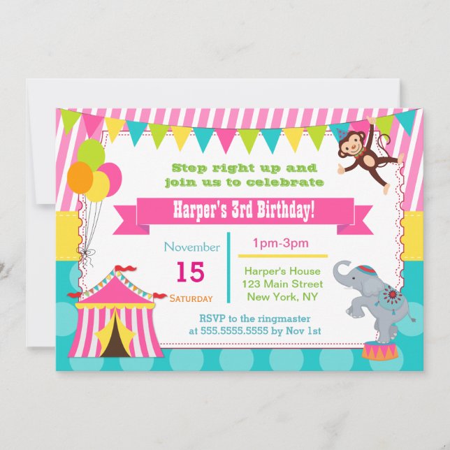 Girl Carnival Circus Birthday Party Invitations (Front)