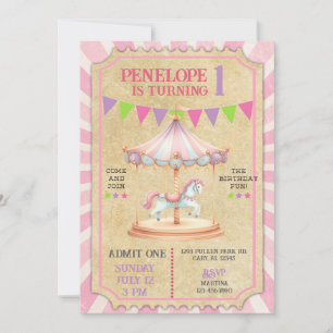 Girl carnival merry go round birthday invite. invitation