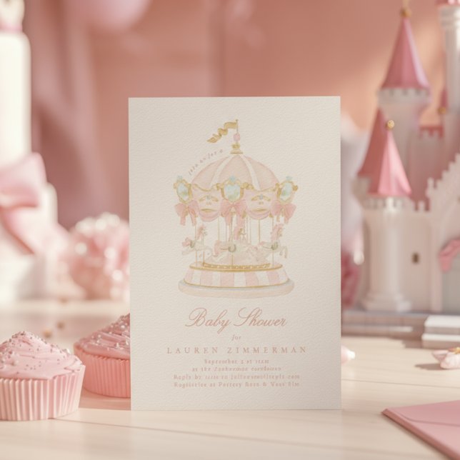 Girl Carousel Fairytale Bows Pink Baby Shower Invitation (Creator Uploaded)