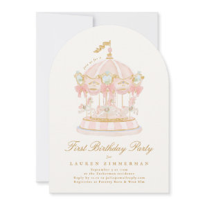 Girl Carousel Fairytale Cream Arch Birthday Party Invitation