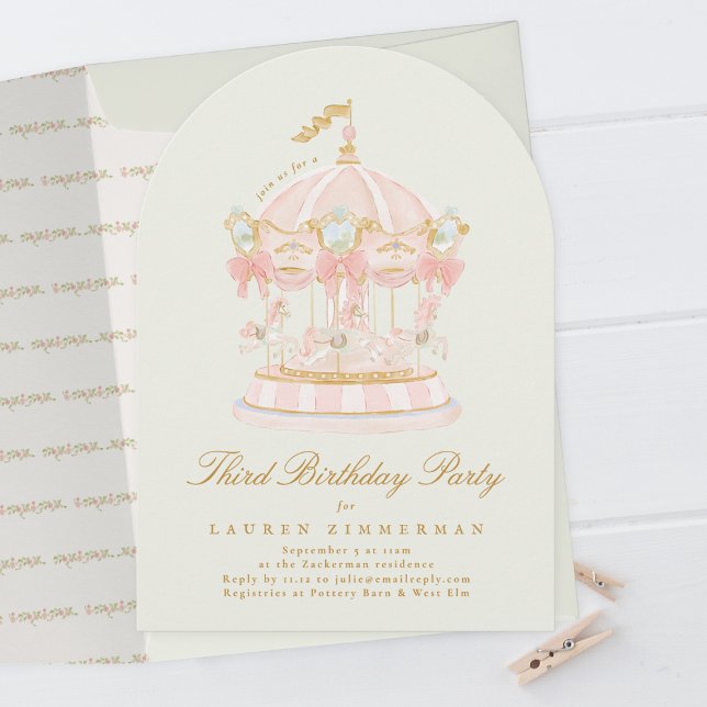 Girl Carousel Fairytale Sage Arch Birthday Party Invitation (Creator Uploaded)