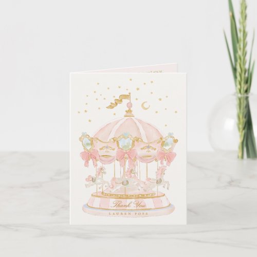Girl Carousel Princess Stars Bow Pink Baby Shower Thank You Card