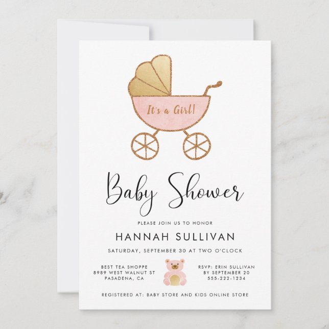 Girl Carriage Pink Gold Watercolor Shower Invitation (Front)