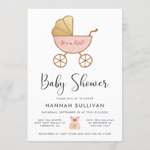 Girl Carriage Pink Gold Watercolor Shower Invitation