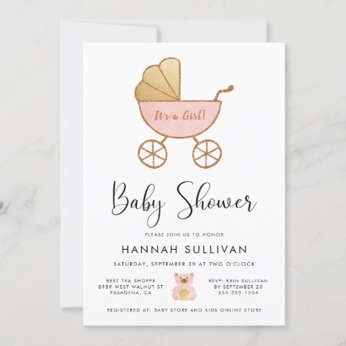 Girl Carriage Pink Gold Watercolor Shower Invitation