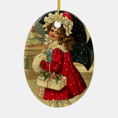 Girl carrying a christmas gift ceramic ornament