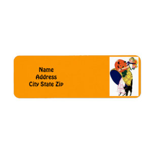 Girl carrying pumpkin label