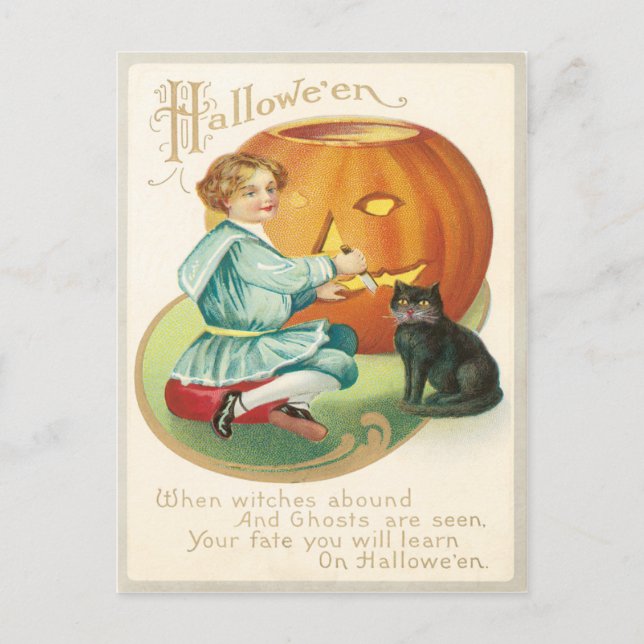Girl Carving A Pumpkin Vintage Postcard (Front)