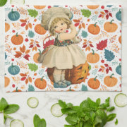 Girl Carving Apple and Colorful Pumpkins Halloween Kitchen Towel