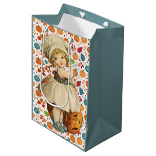Girl Carving Apple and Colorful Pumpkins Halloween Medium Gift Bag