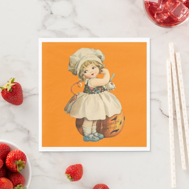 Girl Carving Apple Halloween Napkins (Insitu)