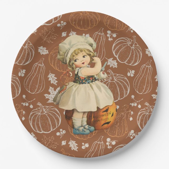 Girl Carving Apple Halloween Paper Plates (Front)