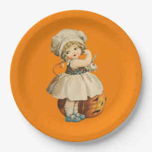 Girl Carving Apple Halloween Paper Plates