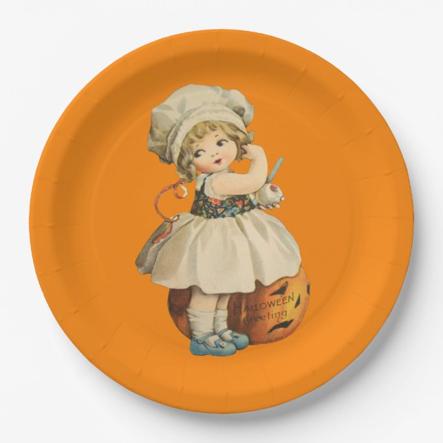Girl Carving Apple Halloween Paper Plates (Front)