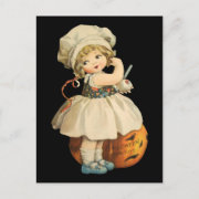 Girl Carving Apple Halloween Postcard