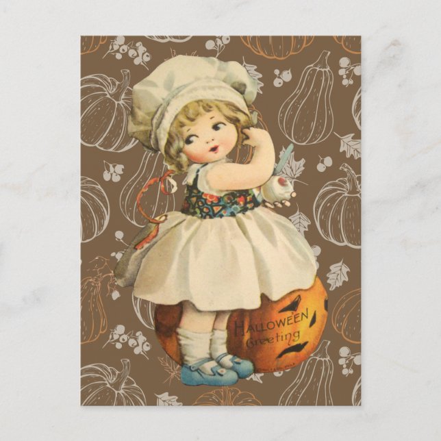 Girl Carving Apple Halloween Postcard (Front)
