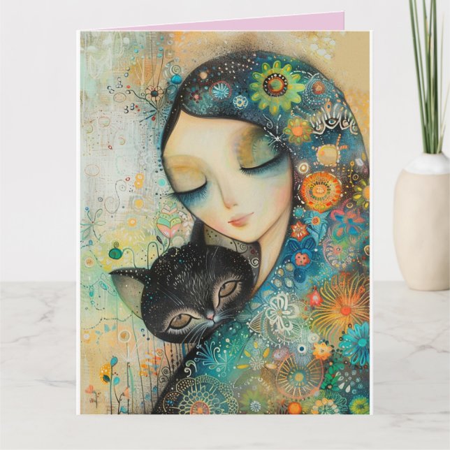 GIRL & CAT BIRTHDAY FRIEND GREETING CARD (Front)