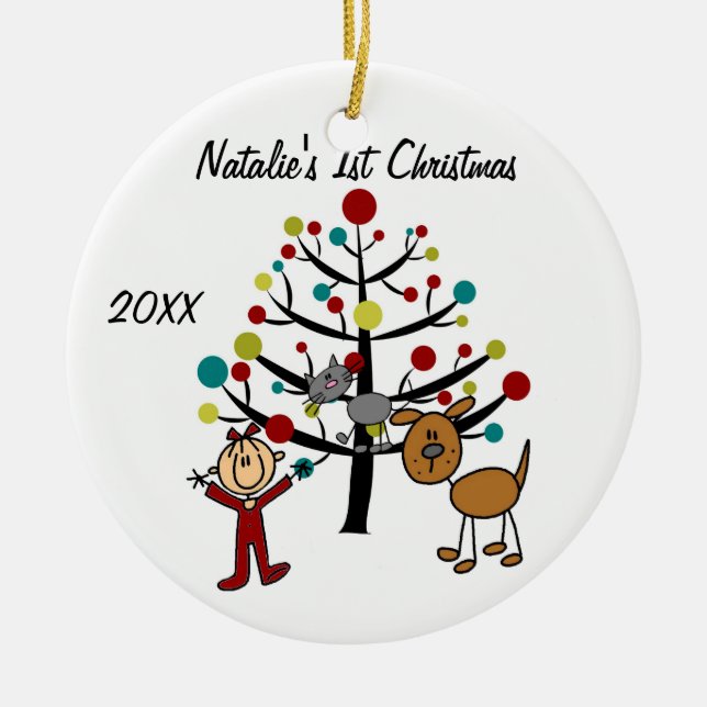 Girl, Cat, Dog 1st Christmas Customized Ornament (Front)
