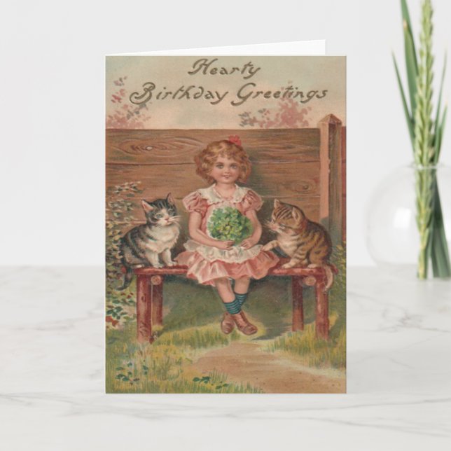 Girl Cat Kitten Flowers Birthday Card (Front)