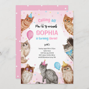 Girl Cat Pawty Animals Birthday Invitation